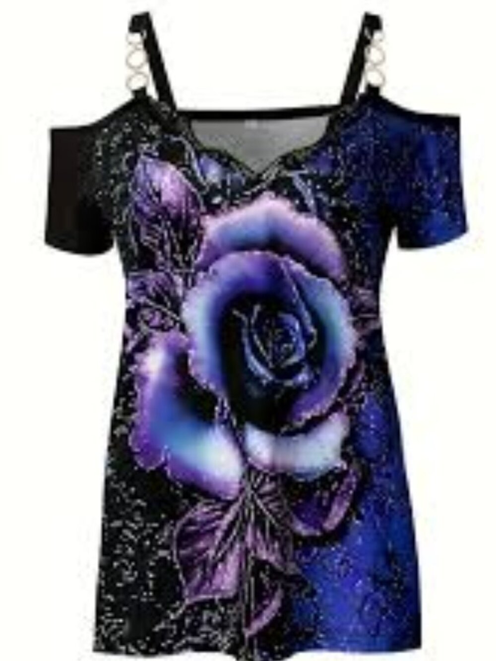 Temu V-Neck Blue & Purple Rose Graphic Blouse with Lace Trim Size XL